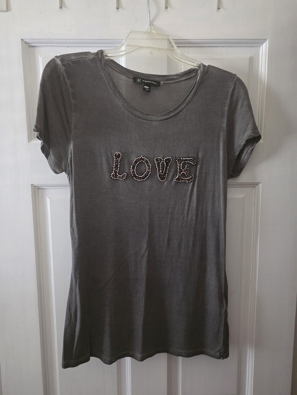 INC International Concepts Gray 'LOVE' Rhinestone Short Sleeve Tee